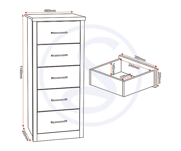 LISBON 5 DRAWER NARROW CHEST - BLACK WOOD GRAIN - BLACK WOOD GRAIN