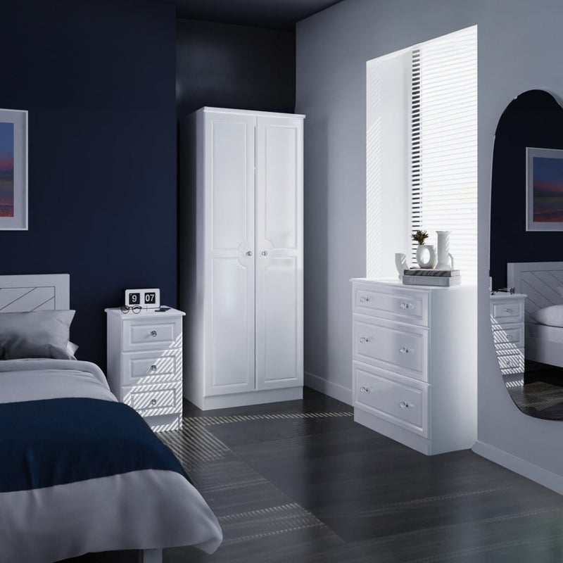 Lisbon Ready Assembled 3 Piece Bedroom Furniture Set - White Gloss & White