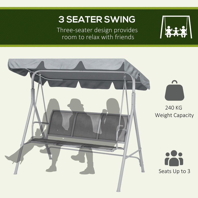 Outsunny Metal Swing Chair Garden Hammock 3 Seater Patio Bench w/ Canopy, Grey