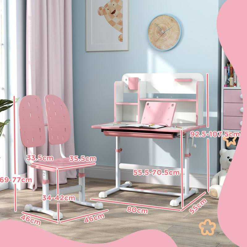 AIYAPLAY Kids Desk and Chair Set w/ Tiltable Desktop Reading Rack - Pink