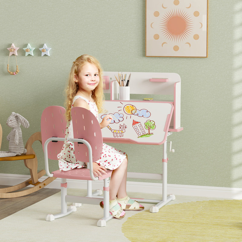 AIYAPLAY Kids Desk and Chair Set w/ Tiltable Desktop Reading Rack - Pink