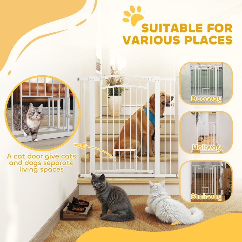PawHut Stair Gate with Cat Door, Adjustable Width - White