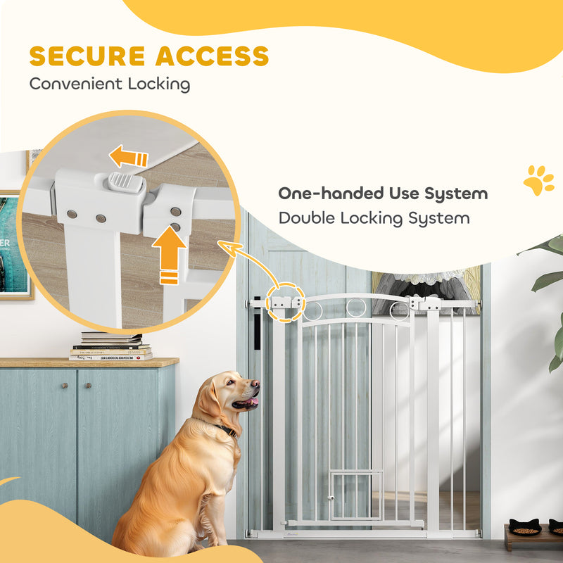 PawHut Stair Gate with Cat Door, Adjustable Width - White