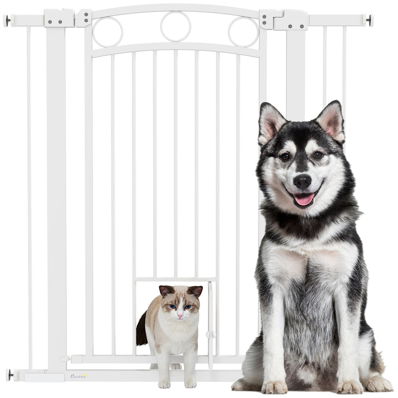 PawHut Stair Gate with Cat Door, Adjustable Width - White