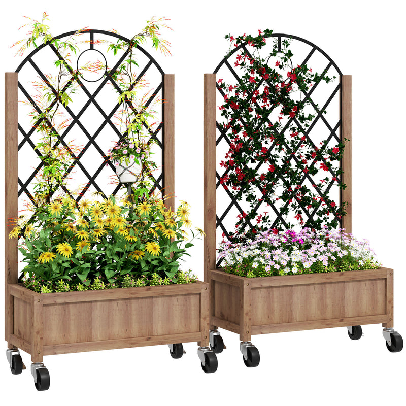 Outsunny Pack of 2 Wooden Raised Bed, Outdoor Planter Box w/ Metal Trellis
