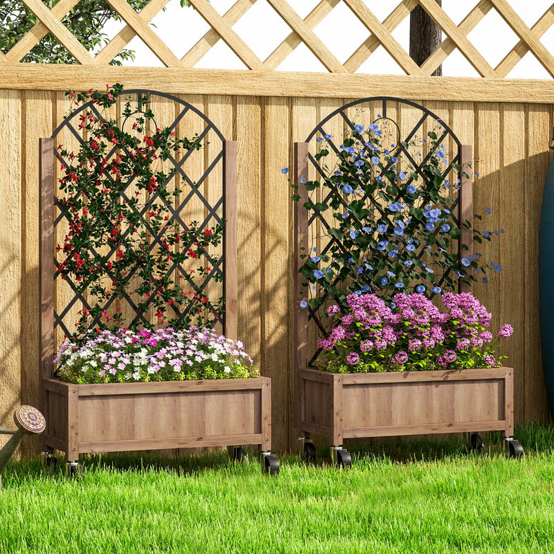 Outsunny Pack of 2 Wooden Raised Bed, Outdoor Planter Box w/ Metal Trellis
