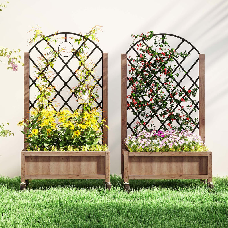 Outsunny Pack of 2 Wooden Raised Bed, Outdoor Planter Box w/ Metal Trellis