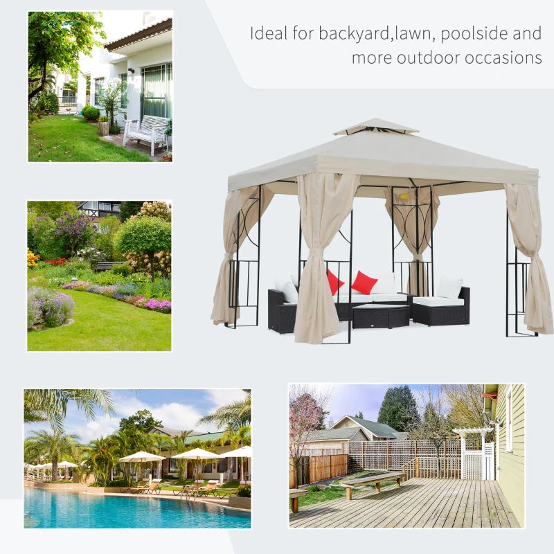 Outsunny Metal Gazebo with Curtains 3 x 3m - Beige