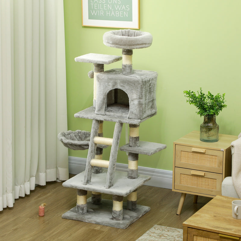 PawHut 132cm Multi-Activity Cat Tree w/ House, Bed, Ladder, Scratch Post - Grey