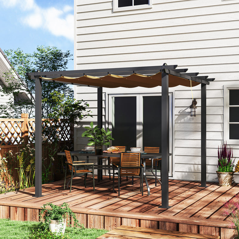 Outsunny 3 x 4m Aluminium Pergola with Retractable Roof, Garden Gazebo Khaki