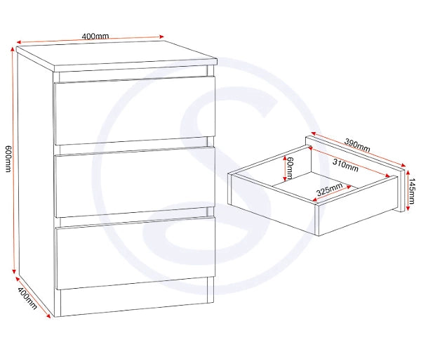 MALVERN 3 DRAWER BEDSIDE - WHITE