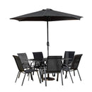 Outdoor 6 Person Rectangular Glass Top Garden Dining Table Chairs With Black Parasol and Base Set