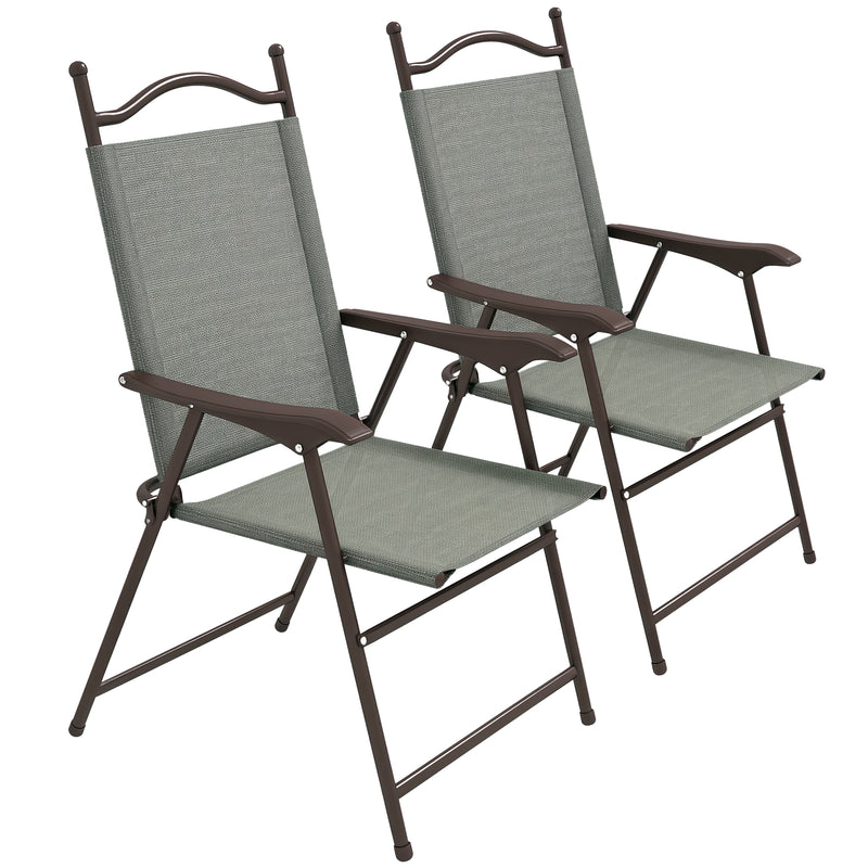 Outsunny Folding Chairs Set W/ Armrest, Breathable Mesh Fabric Seat - Grey/Brown