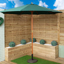 Outdoor 4 Person Rectangular Wooden Garden Dining Table, 2 Benches with Green Parasol and Base Set