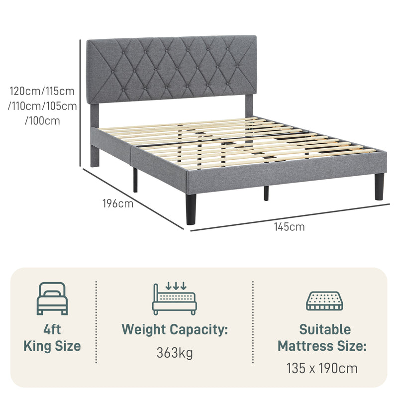 HOMCOM Bed Frame with 5-Level Adjustable Linen Headboard