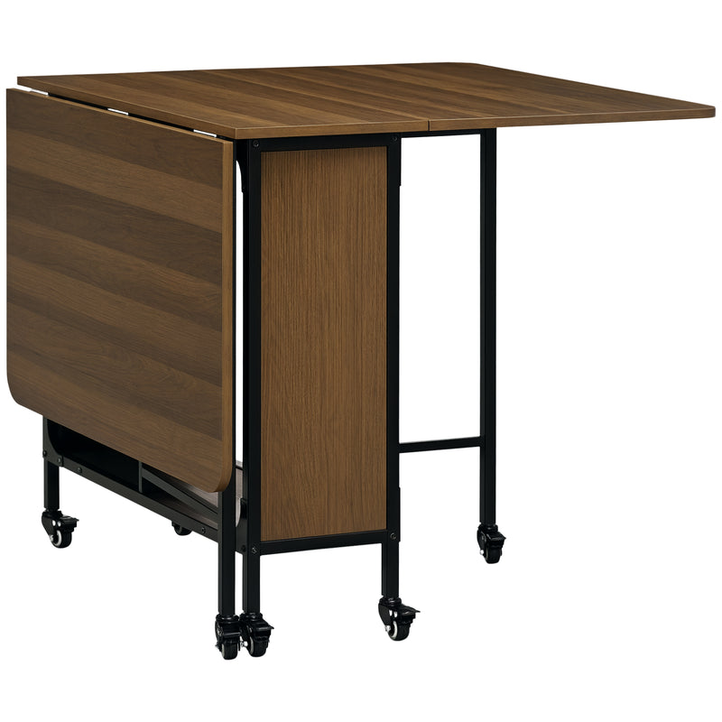HOMCOM Natural Mobile Drop Leaf Dining Table On Wheels With Storage Shelf