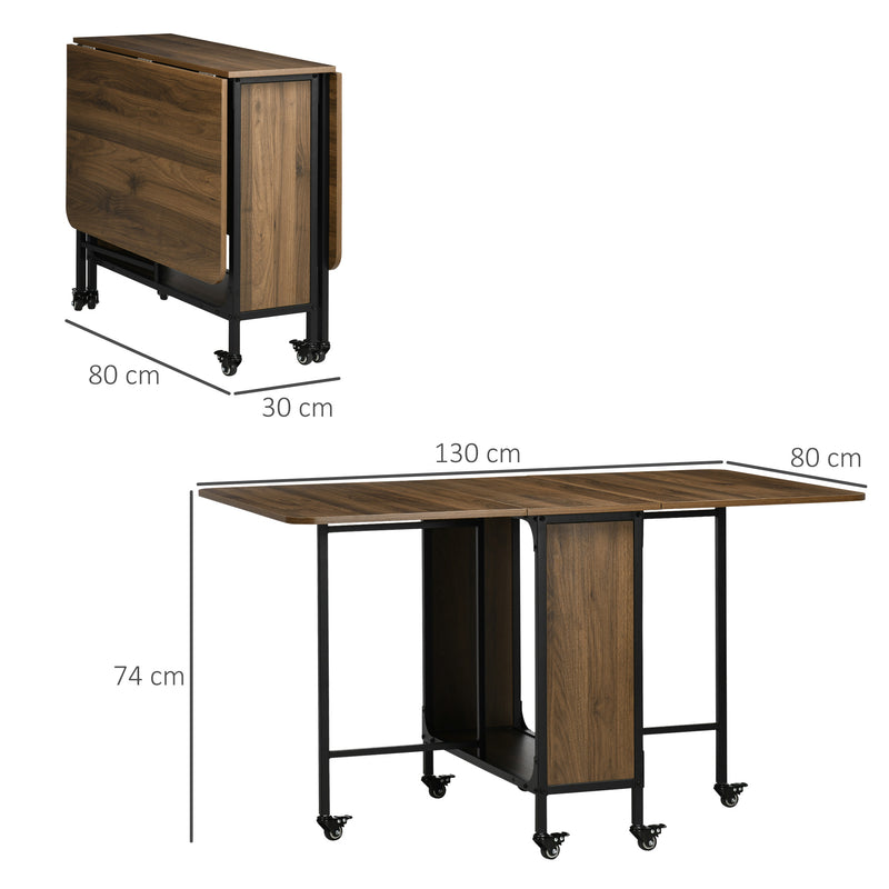 HOMCOM Natural Mobile Drop Leaf Dining Table On Wheels With Storage Shelf