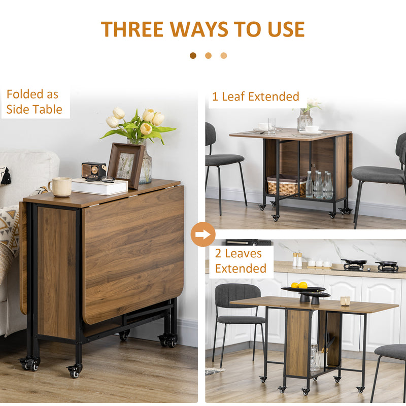 HOMCOM Natural Mobile Drop Leaf Dining Table On Wheels With Storage Shelf