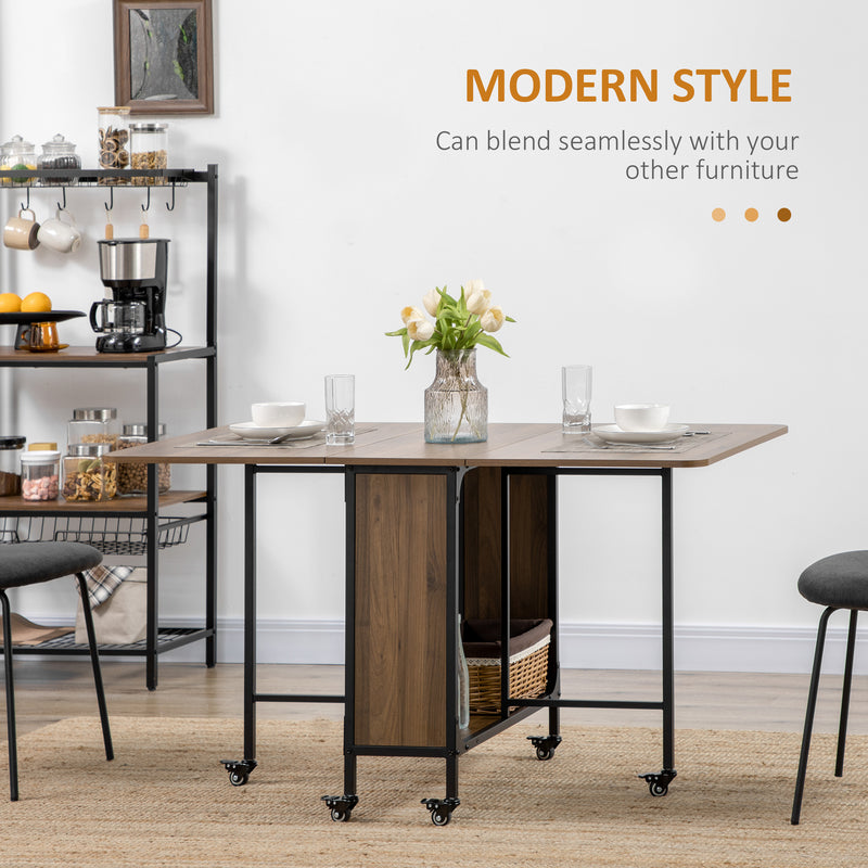 HOMCOM Natural Mobile Drop Leaf Dining Table On Wheels With Storage Shelf