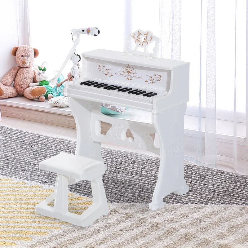 HOMCOM Kids  Mini Electronic Keyboard  w/Stool & Microphone & Music Stand (White)