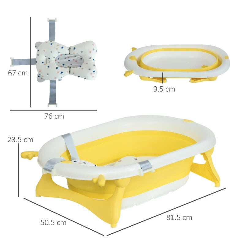 HOMCOM Baby Bath Tub Collapsible with Cushion - Yellow