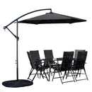 Outdoor 6 Person Rectangular Glass Top Garden Dining Table Chairs With Black Banana Parasol and Base