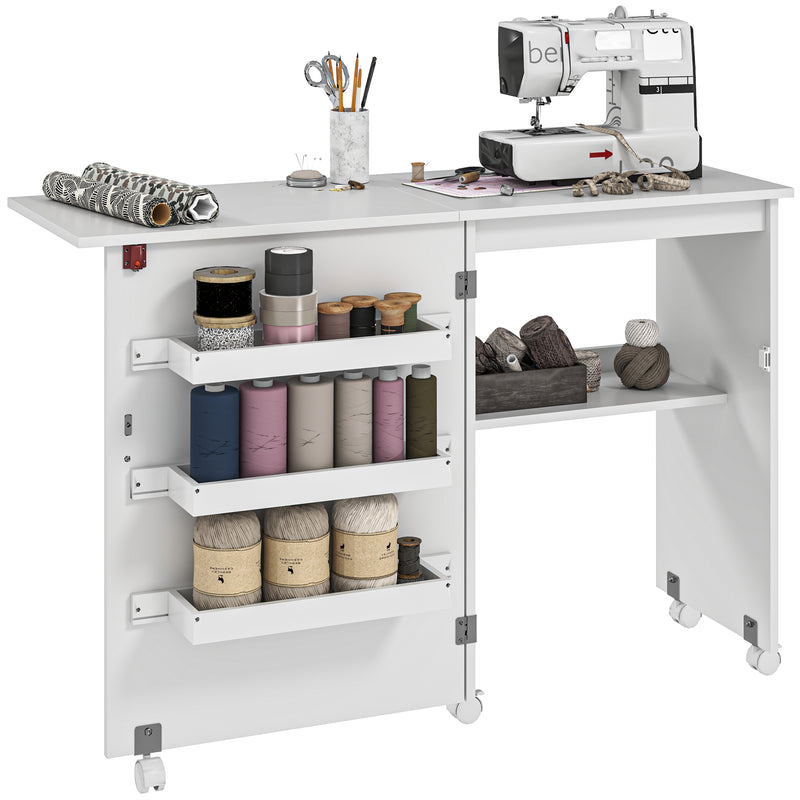 HOMCOM Folding Sewing Table Rolling Craft Table with Drop Leaf Wheels