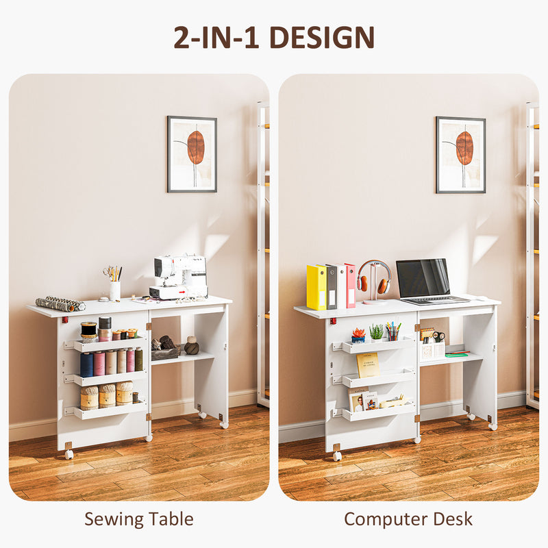 HOMCOM Folding Sewing Table Rolling Craft Table with Drop Leaf Wheels