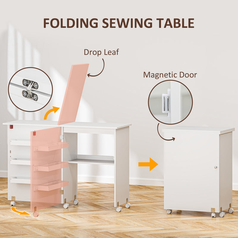 HOMCOM Folding Sewing Table Rolling Craft Table with Drop Leaf Wheels