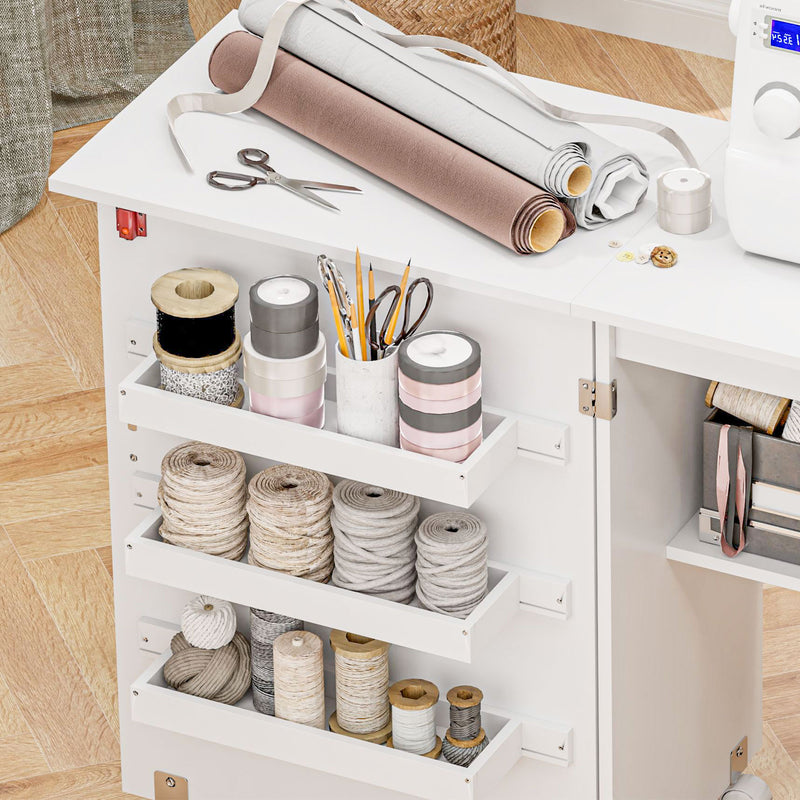 HOMCOM Folding Sewing Table Rolling Craft Table with Drop Leaf Wheels