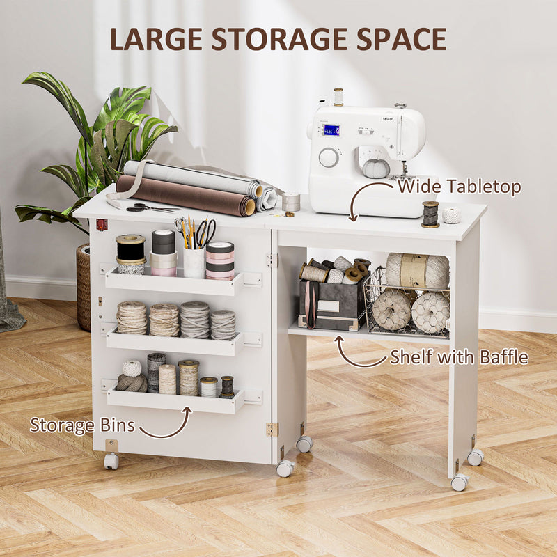 HOMCOM Folding Sewing Table Rolling Craft Table with Drop Leaf Wheels