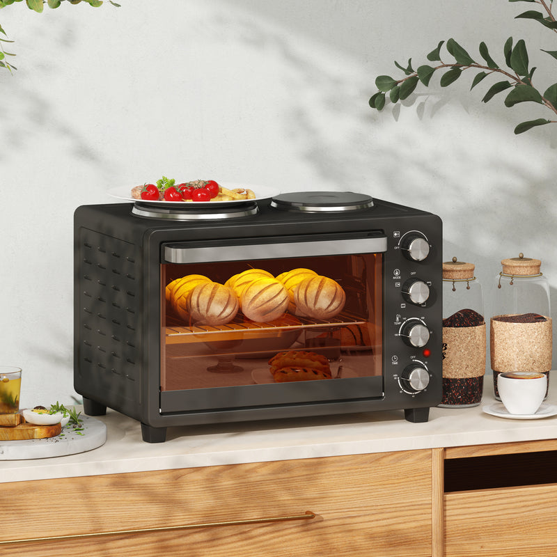HOMCOM 28L Countertop Toaster Oven with 2 Hot Plates, Grill, Roast, Bake