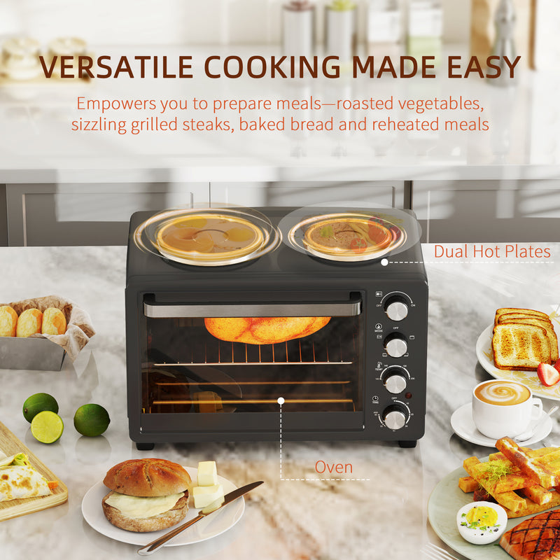 HOMCOM 28L Countertop Toaster Oven with 2 Hot Plates, Grill, Roast, Bake