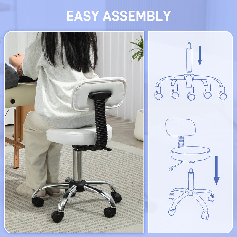 HOMCOM Rolling Stool with Backrest, Wheels, Faux Leather Salon Chair