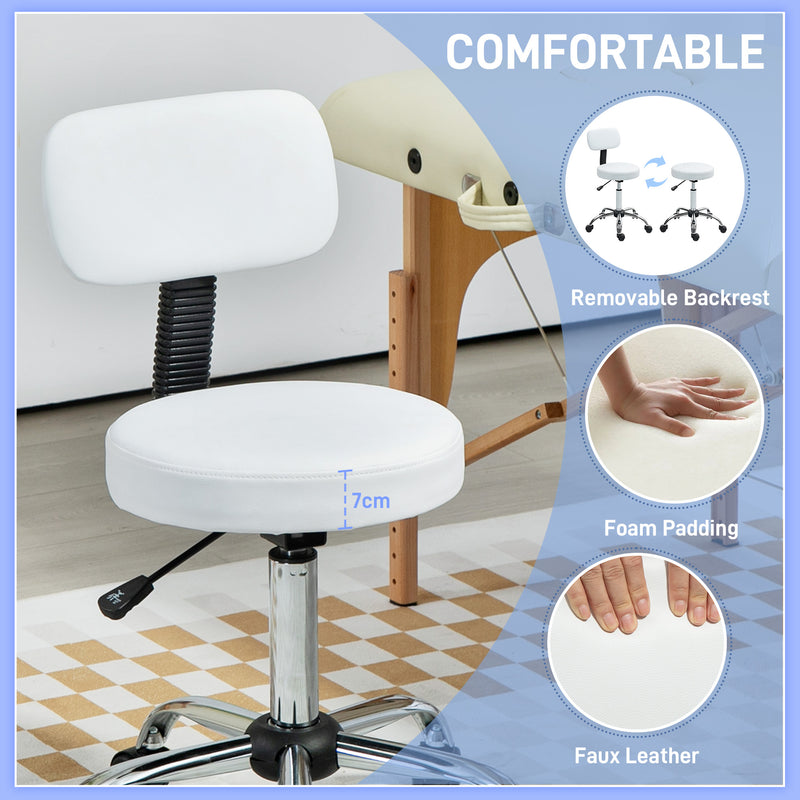 HOMCOM Rolling Stool with Backrest, Wheels, Faux Leather Salon Chair