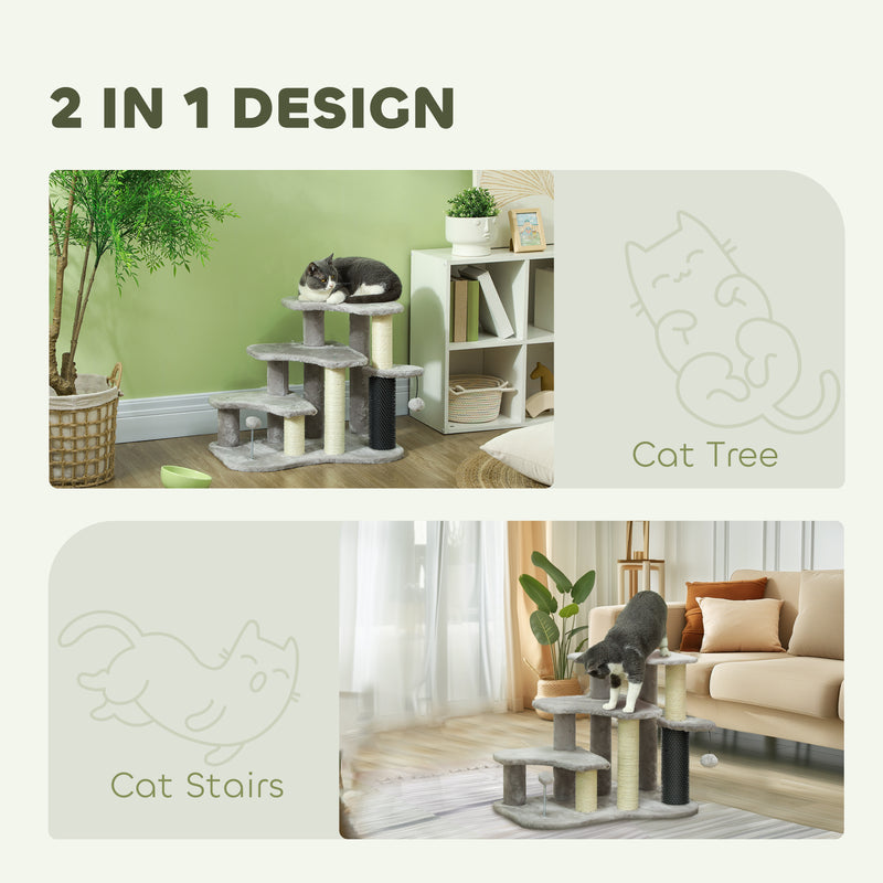 PawHut Cat Tree 2 In 1 Pet Stairs W/ Scratching Tickling Post, Light Grey/Cream White