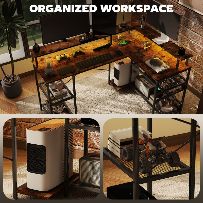 HOMCOM L Shaped Gaming Desk w/ LED Lights and Power Outlets for Small Space