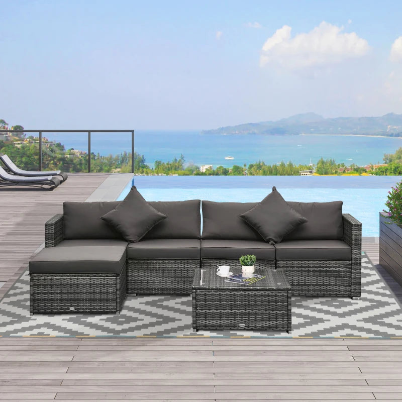 Outsunny 6 Pieces Outdoor Rattan Corner Sofa Set, Patio Aluminum Frame with All-weather Wicker Conversation Furniture w/ Coffee Table & Cushions, Mixed Grey