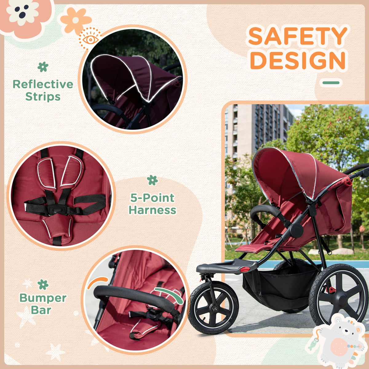 HOMCOM Three Wheeler Baby Stroller Red