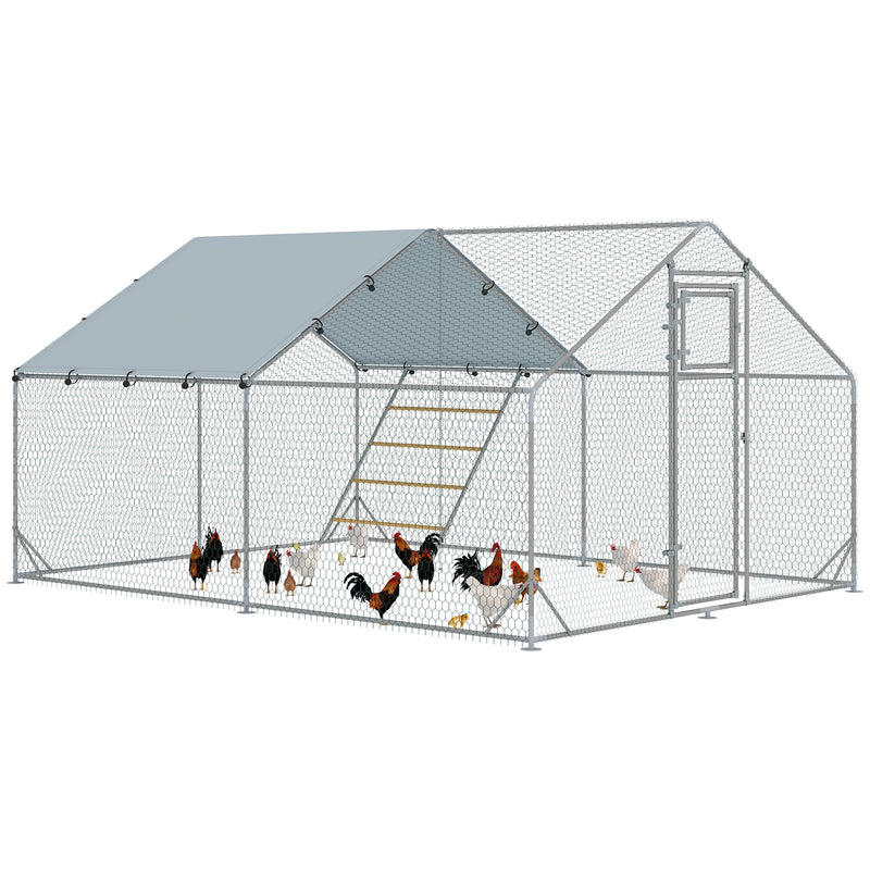 PawHut Walk In Chicken Run W/ Cover, Hanging Feeder, Perch For 12-18 Poultry