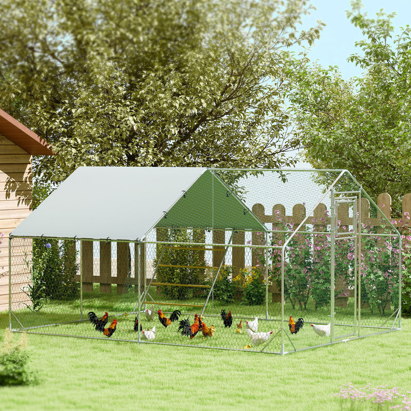 PawHut Walk In Chicken Run W/ Cover, Hanging Feeder, Perch For 12-18 Poultry