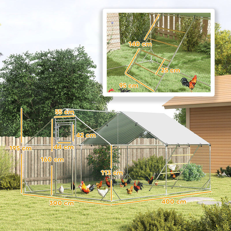 PawHut Walk In Chicken Run W/ Cover, Hanging Feeder, Perch For 12-18 Poultry