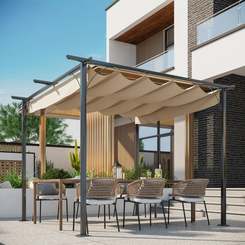 Outsunny Outdoor Metal Pergola with Retractable Awning Canopy 3x3m - Beige