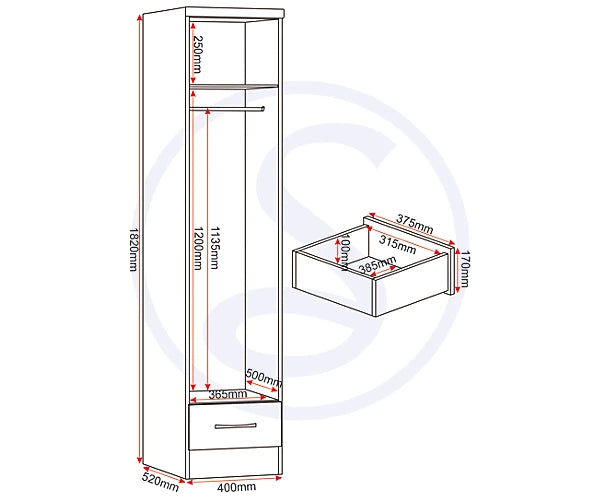 NEVADA 1 DOOR 1 DRAWER WARDROBE - WHITE GLOSS