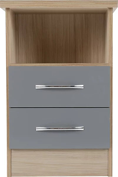 NEVADA 2 DRAWER BEDSIDE - GREY GLOSS/LIGHT OAK EFFECT VENEER
