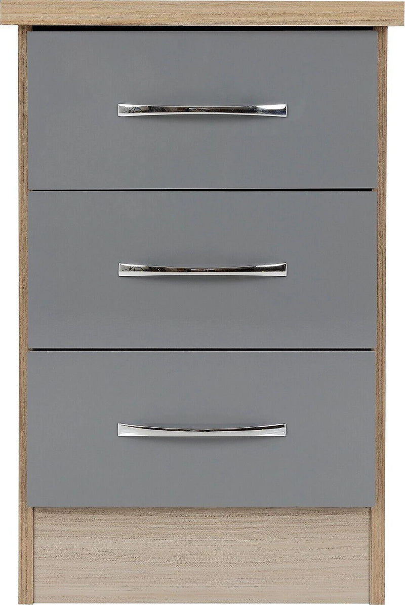 NEVADA 3 DRAWER BEDSIDE - GREY GLOSS/LIGHT OAK EFFECT VENEER