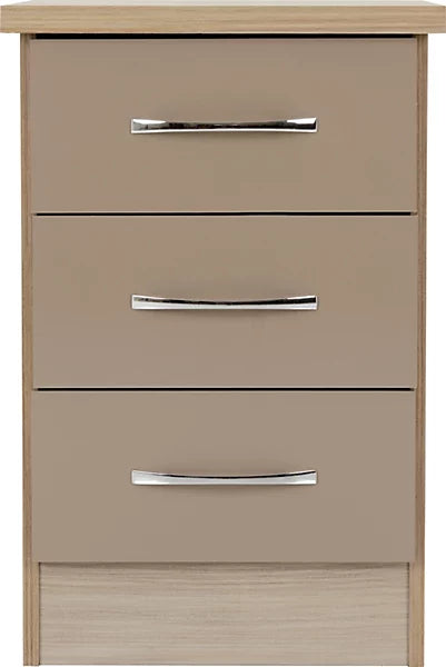 NEVADA 3 DRAWER BEDSIDE - OYSTER GLOSS/LIGHT OAK EFFECT VENEER