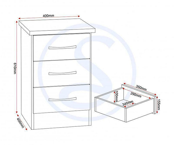 NEVADA 3 DRAWER BEDSIDE - WHITE GLOSS