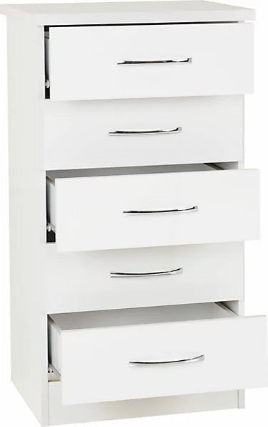 NEVADA 5 DRAWER NARROW CHEST - WHITE GLOSS