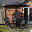 Outdoor 6 Person Rectangular Glass Top Garden Dining Table Chairs With Black Parasol and Base Set